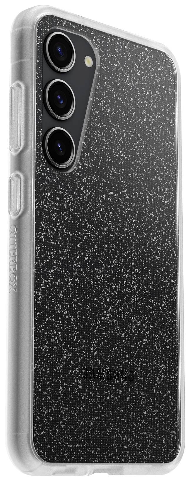 Czarna obudowa telefonu z błyszczącym wzorem, widoczne trzy obiektywy aparatu. Etui jest przezroczyste i zapewnia ochronę smartfonowi.