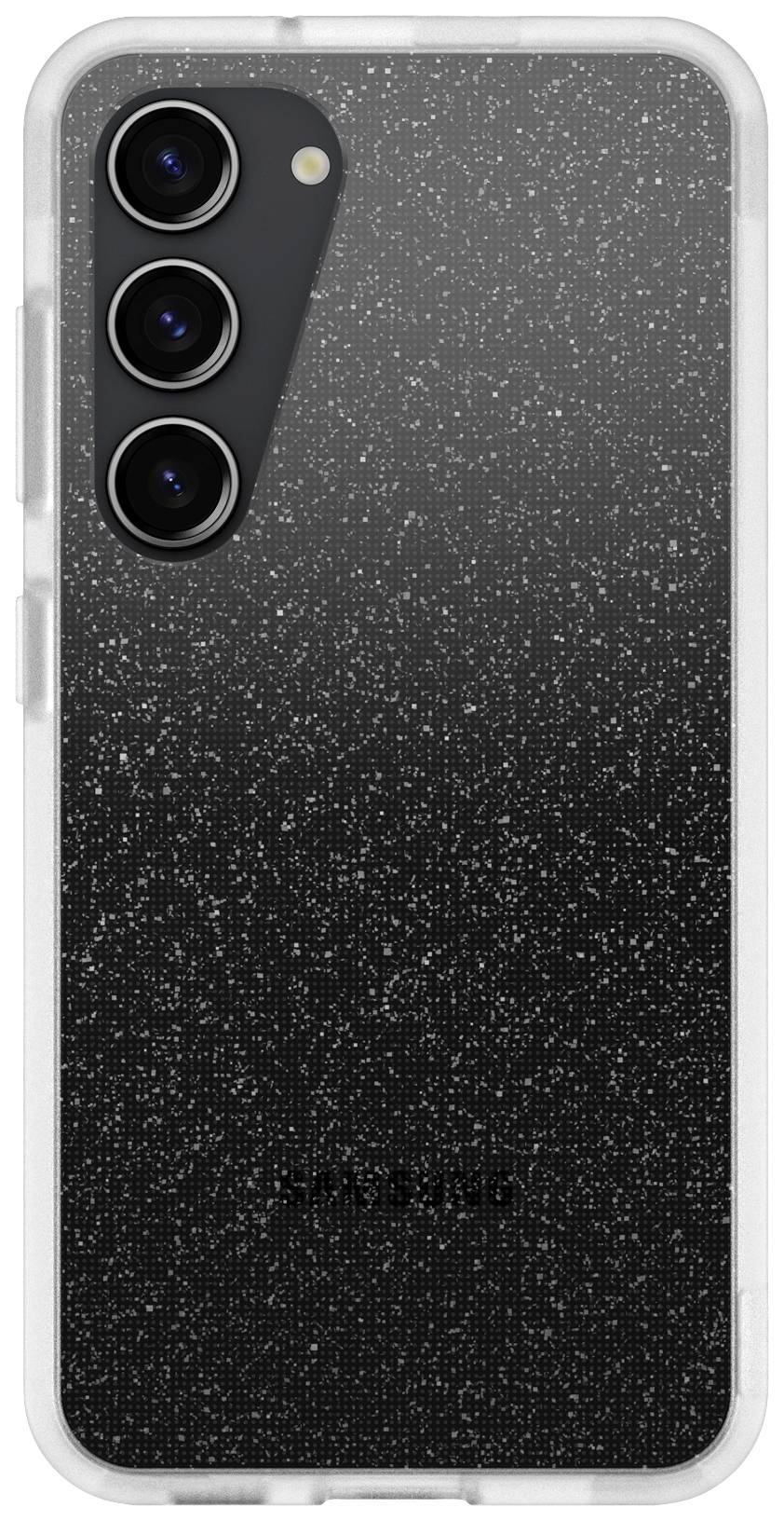 Przezroczysta obudowa telefonu z czarnym, błyszczącym, strukturalnym wzorem. Posiada trzy wycięcia na aparaty w górnym rogu.