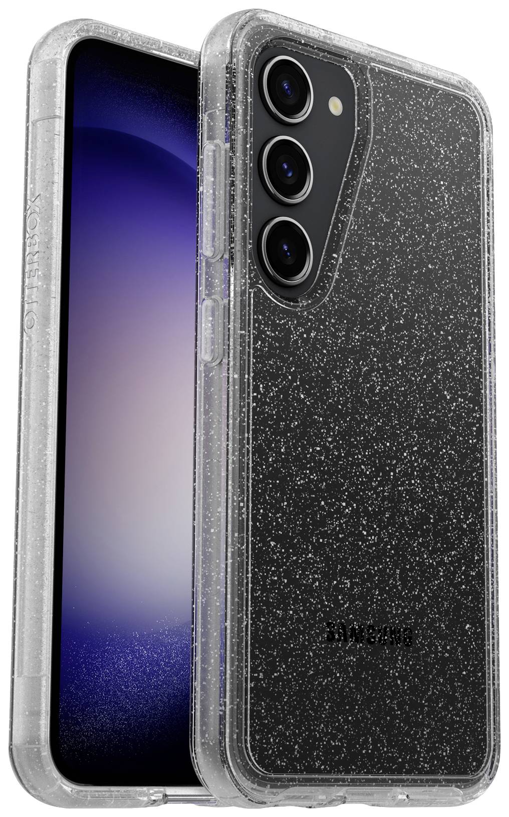 Czarny smartfon z trzema obiektywami aparatu z tyłu, otoczony przezroczystą, brokatową obudową.