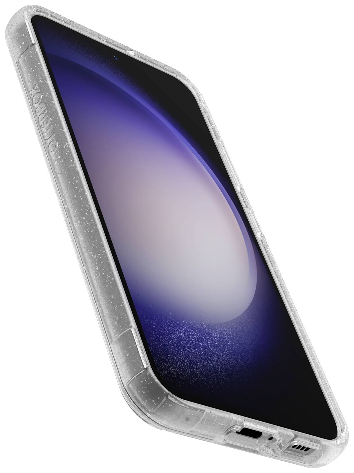 Smartfon z przezroczystą, strukturowaną obudową ochronną, ekran wyświetla abstrakcyjny wzór w odcieniach fioletu i błękitu.