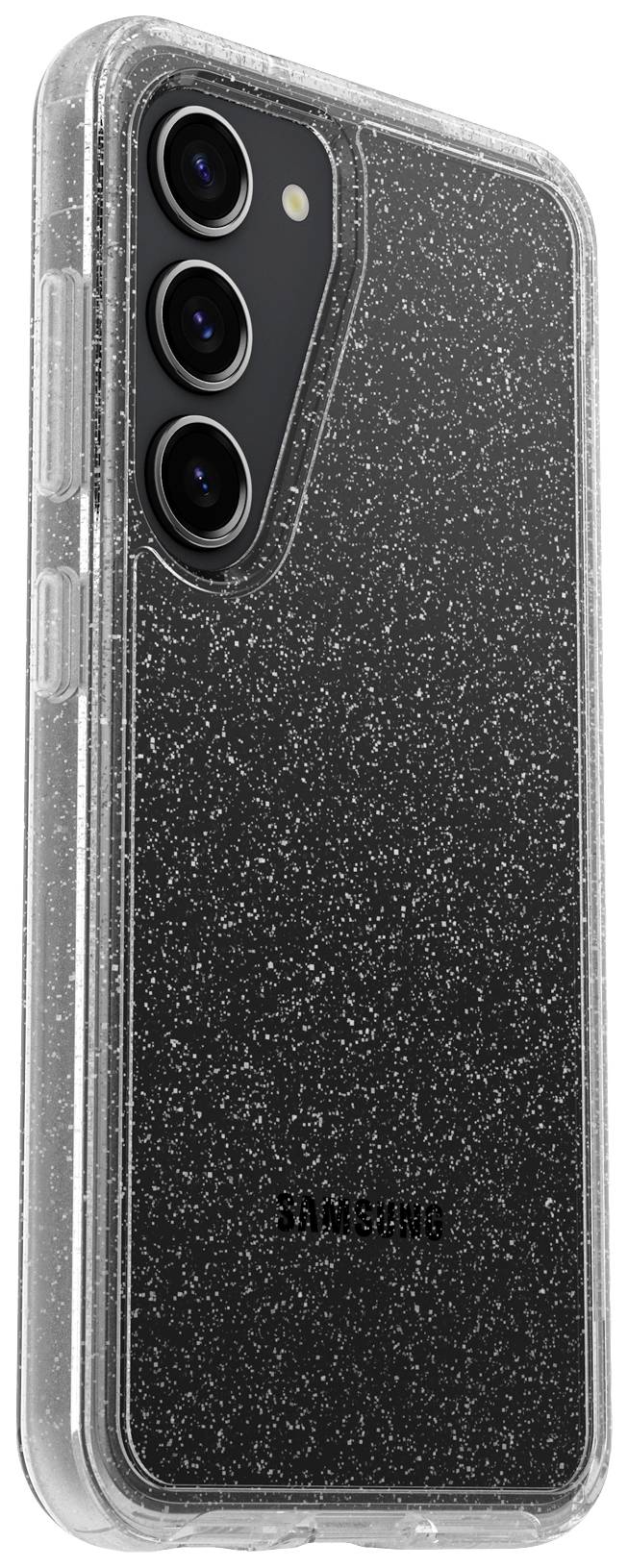 Przezroczyste etui na telefon z efektem brokatu na czarnym smartfonie. Widoczne są trzy obiektywy aparatu.