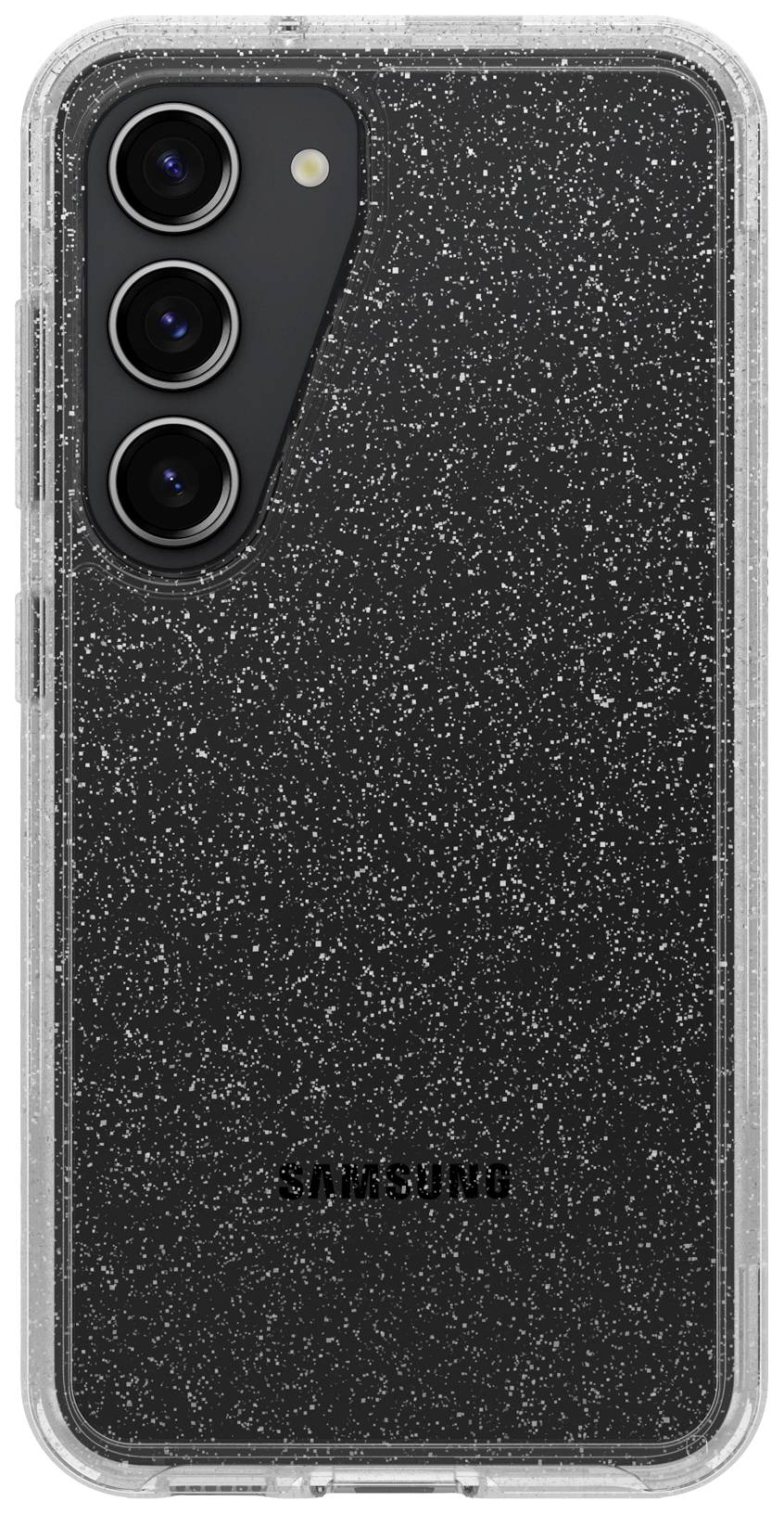 Czarny smartfon w brokatowej obudowie z trzema obiektywami kamerowymi ułożonymi pionowo na tylnej części.