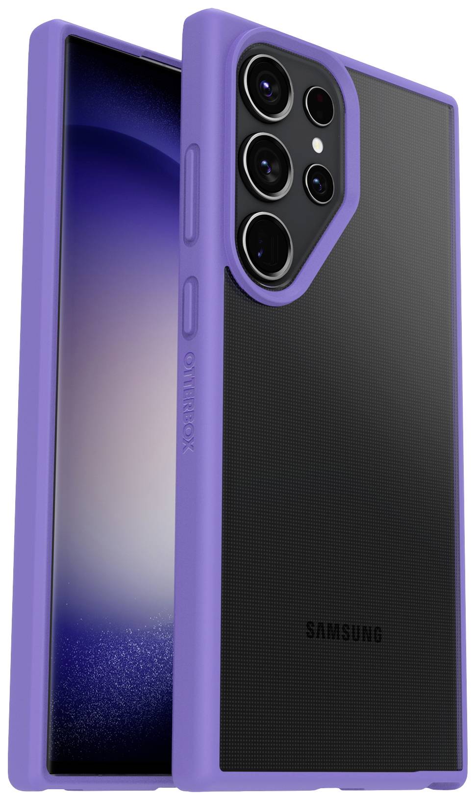 Smartfon w czarnej obudowie z fioletowym etui. Tylna strona przedstawia aparaty i logo 'Samsung'.