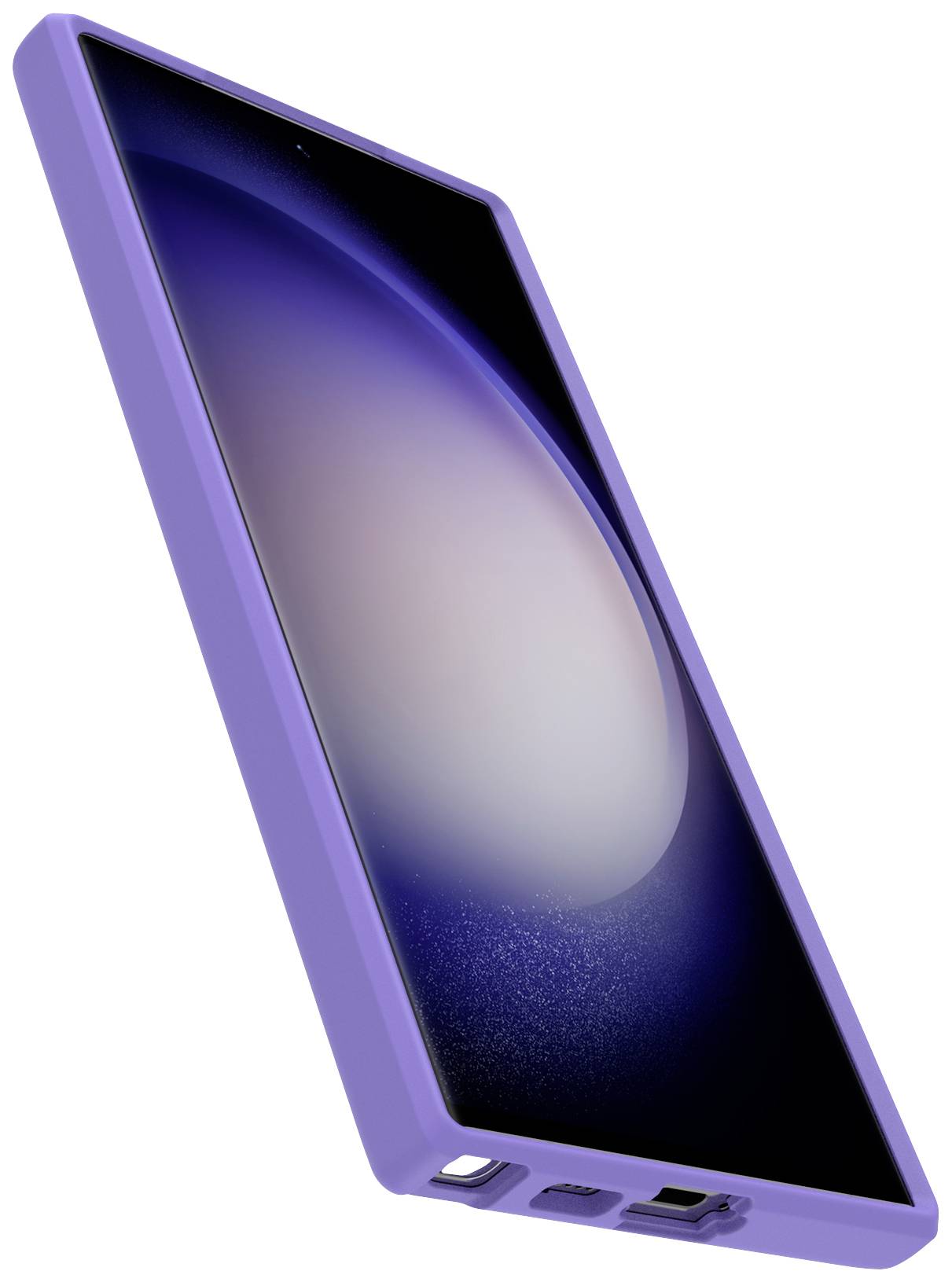 Smartfon w fioletowym etui, sfotografowany pod skosnym kątem, pokazujący ekran z odbiciem światła.