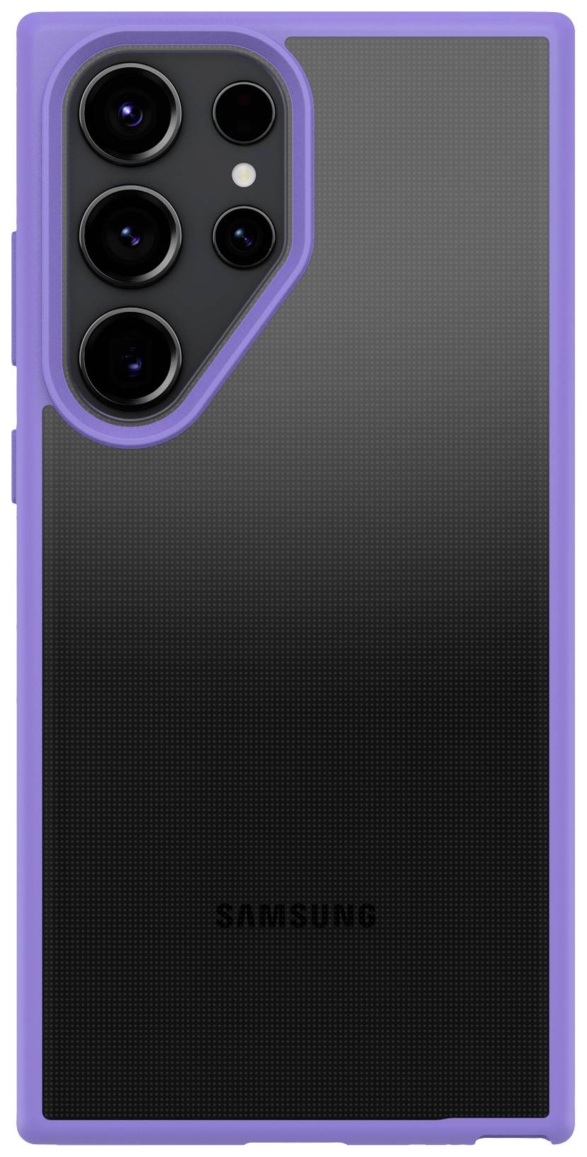 Smartfon z czterema obiektywami aparatu i fioletową ramką na tylnej obudowie. W dolnej części widoczne jest logo 'Samsung'.