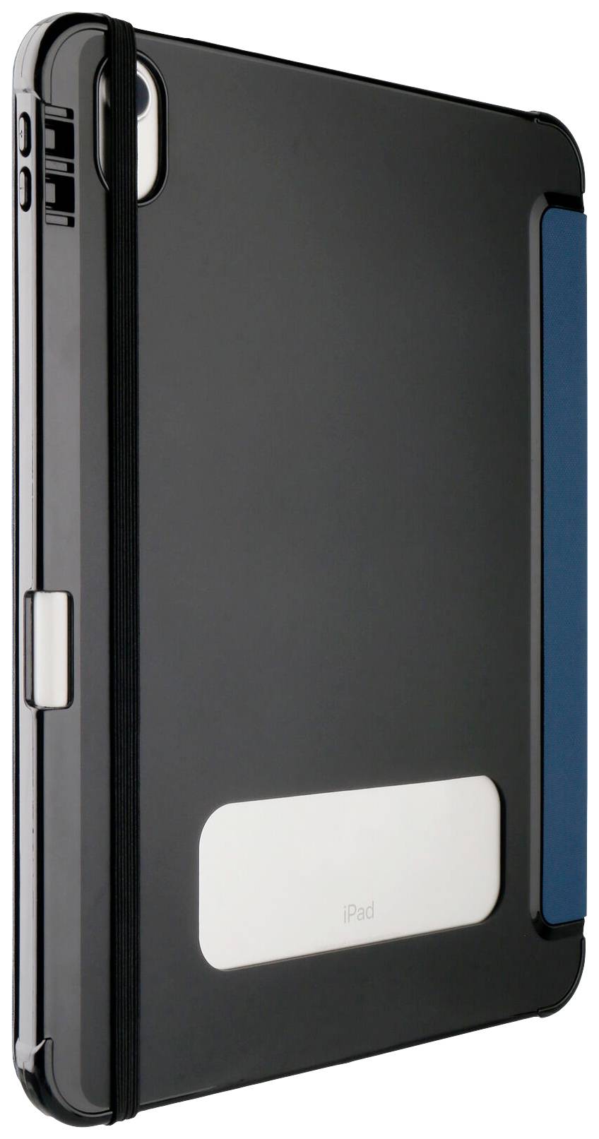 Czarne iPad z etui, widok z tyłu. Gumka zabezpiecza etui. Widoczny jest wycięcie na kamerę oraz logo Apple.