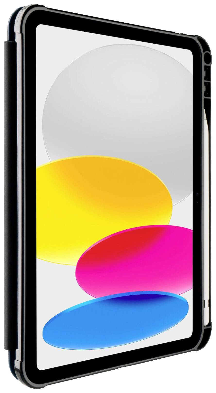 Tablet z czarną ramką i rysikiem z boku. Na ekranie widać kolorowe, nakładające się na siebie kręgi w kolorach żółtym, różowym i niebieskim.