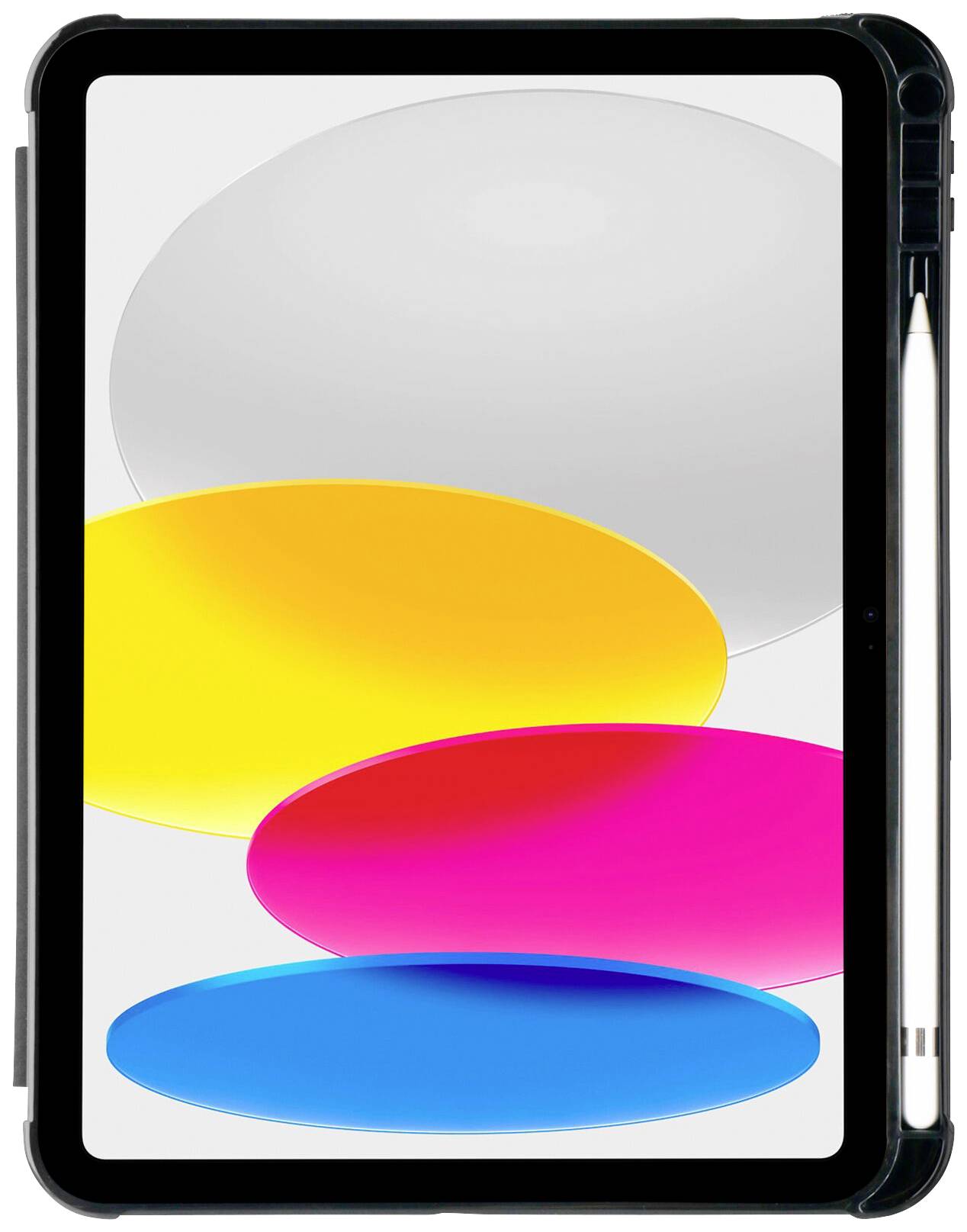 Tablet z czarną ramką i rysikiem. Na ekranie widoczne są kolorowe owalne kształty w żółci, różu, błękicie i szarości na białym tle.