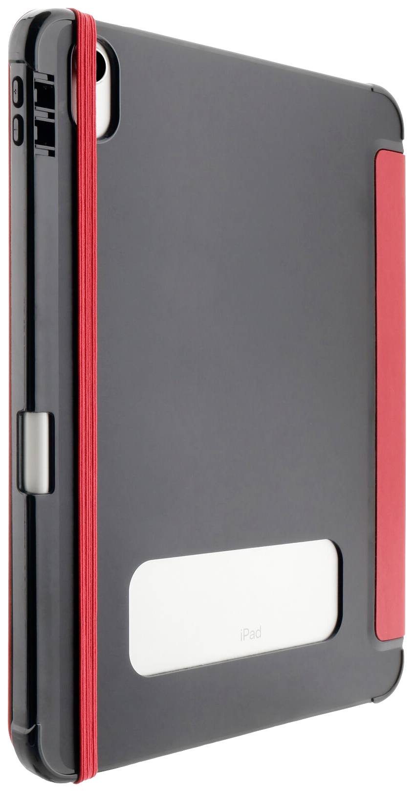 Czarna obudowa tabletu z czerwonym paskiem akcentowym, częściowo zakrywająca logo Apple na tylnej stronie.