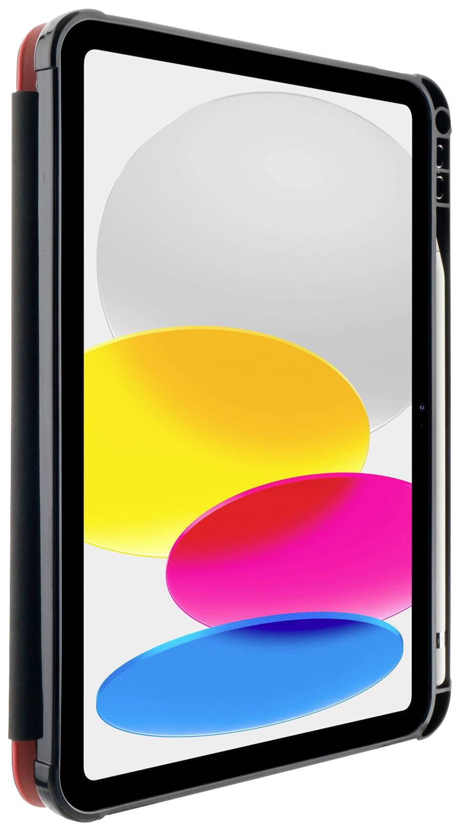 Tablet z czarną ramką wyświetla abstrakcyjny projekt z żółtymi, różowymi i niebieskimi owalami na białym tle.