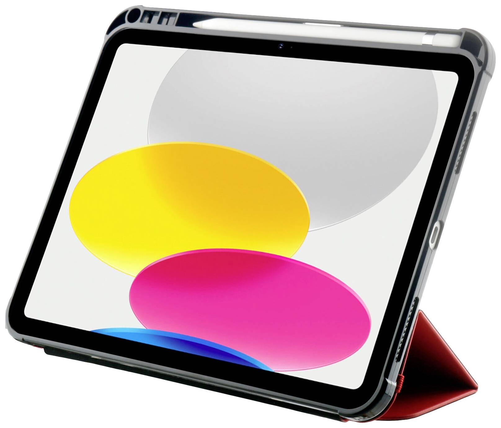 Tablet z kolorowym wyświetlaczem przedstawiającym szare, żółte, różowe i niebieskie owalne kształty na białym tle.