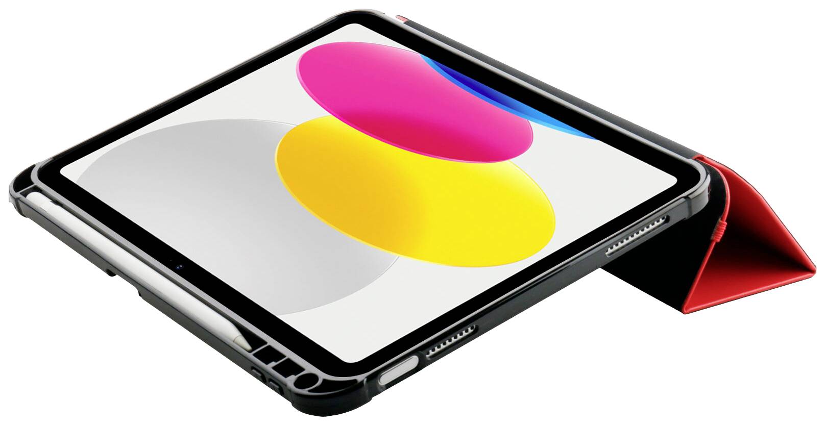 Nowoczesny tablet z kolorowym wzorem na ekranie spoczywa lekko pod skosem na czerwonej osłonie, która służy jako podparcie.