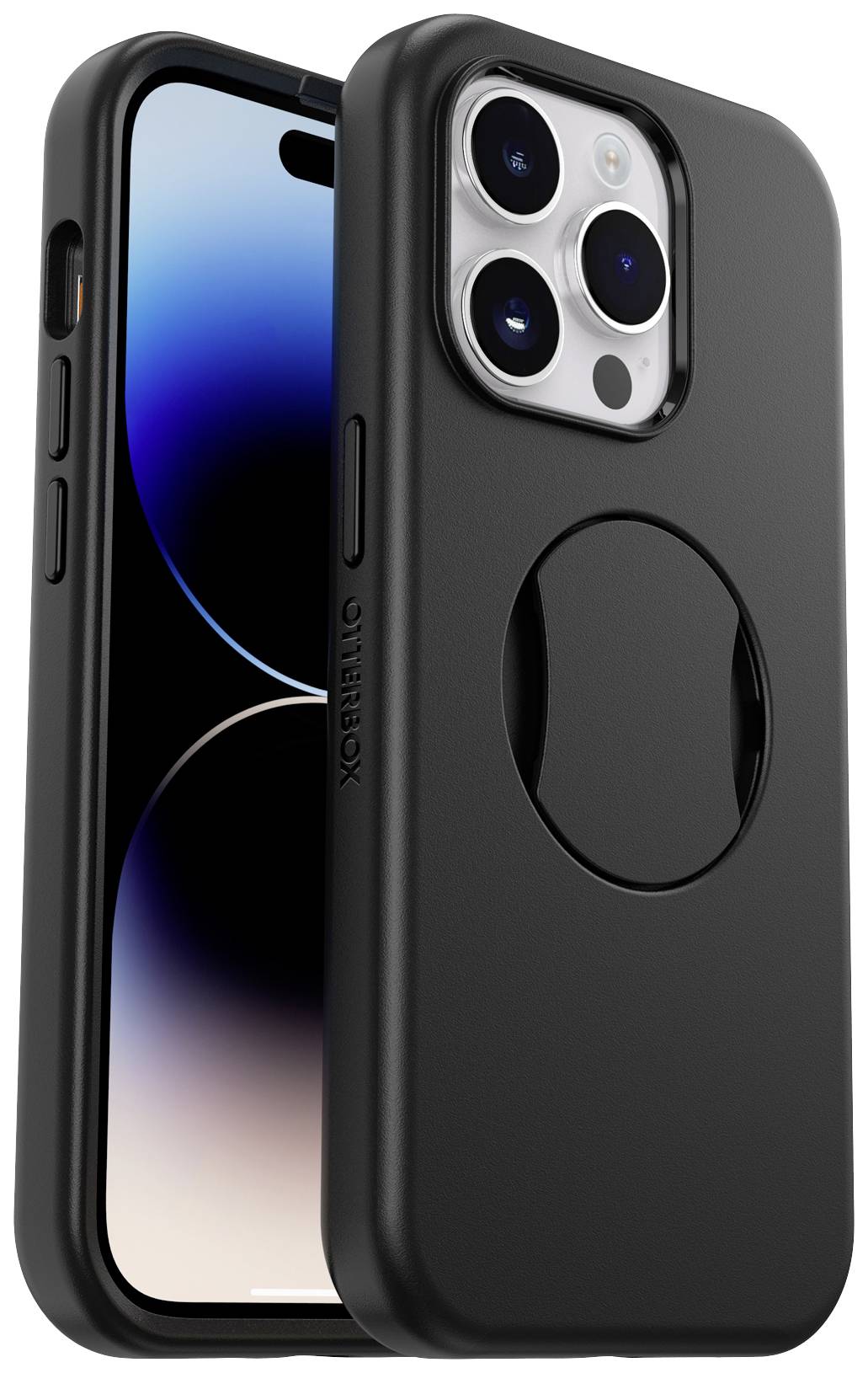 Smartfon z czarną obudową ochronną, widoczny z przodu i tyłu. Obudowa posiada okrągły uchwyt na tylnej stronie i chroni obiektywy aparatu.