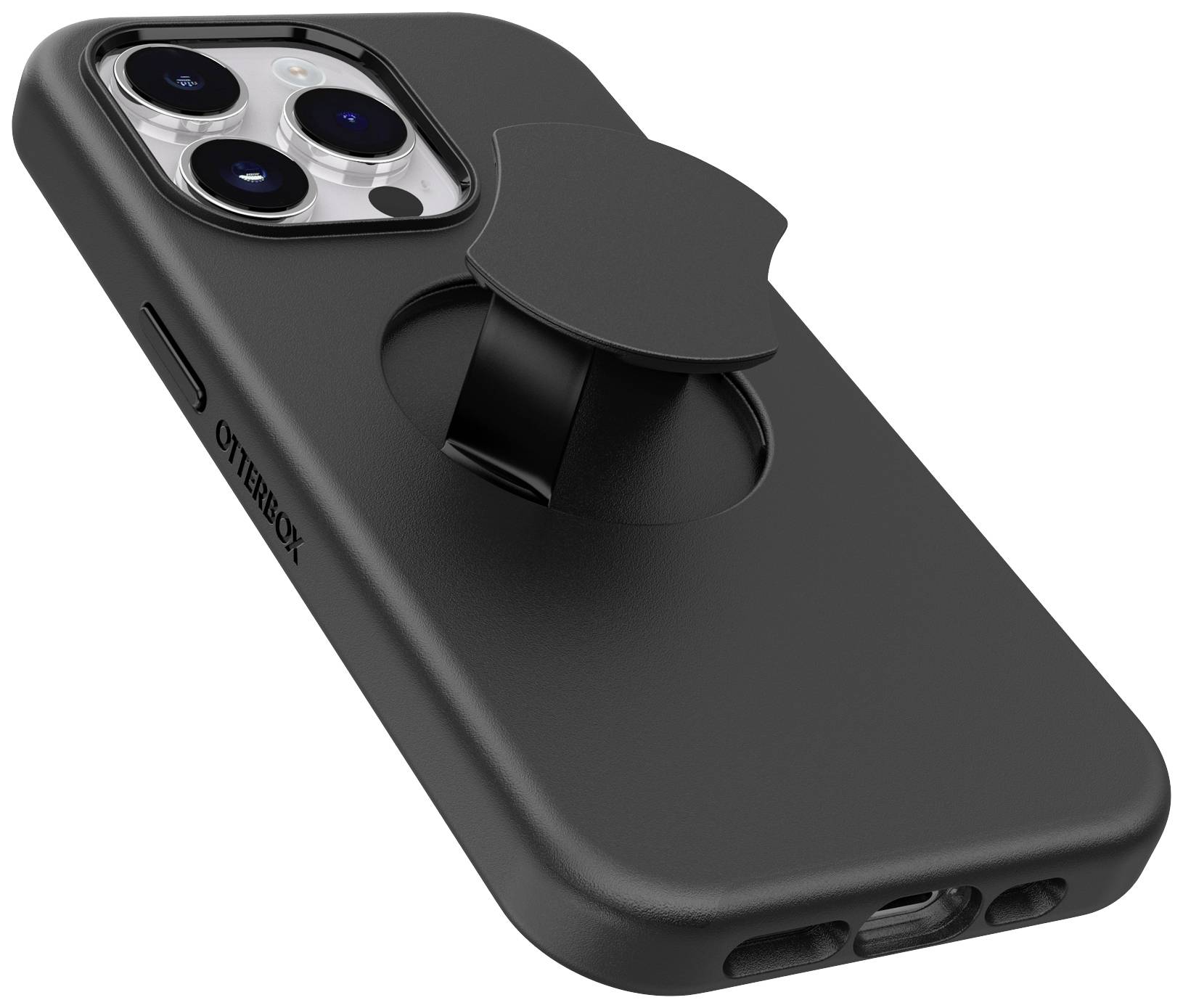 Smartfon w czarnej obudowie z zintegrowanym, rozkładanym wspornikiem. Urządzenie leży tyłem, kamera widoczna w lewym górnym rogu.