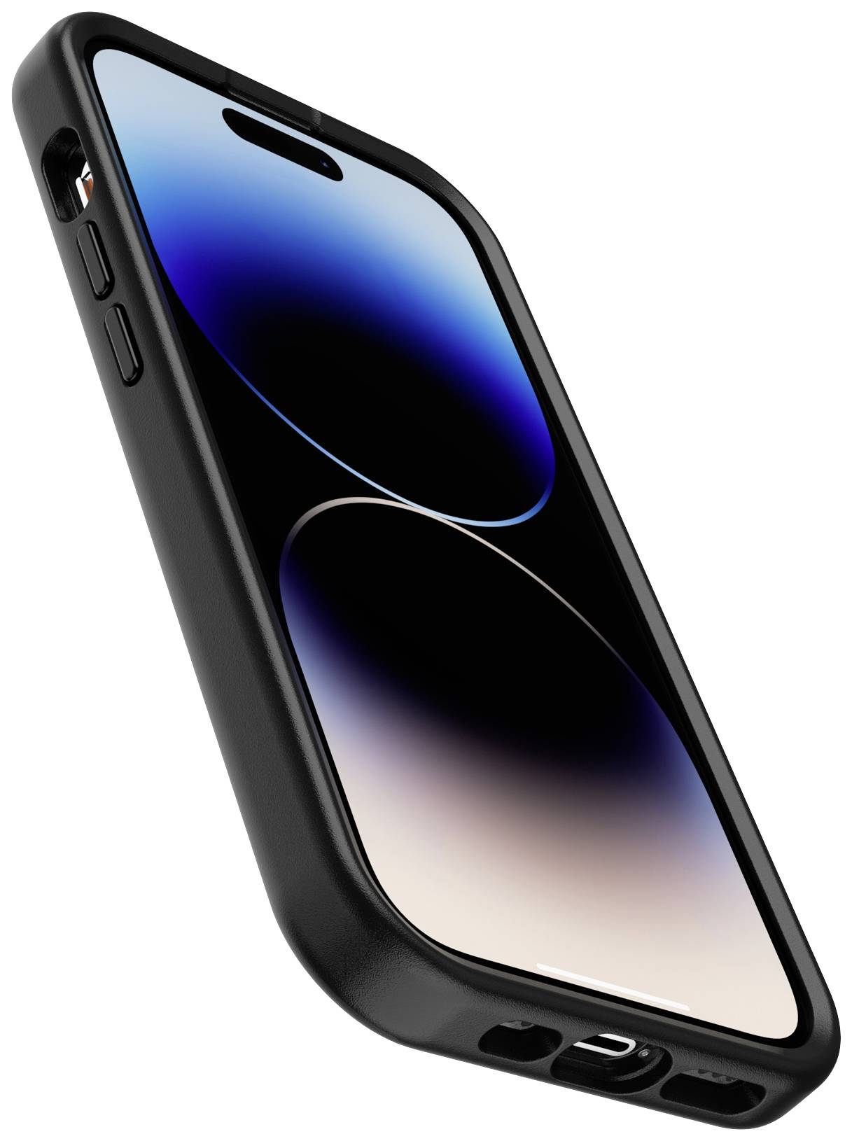 Smartfon z czarną obudową widziany z boku. Ekran prezentuje bezramkowy, nowoczesny design.