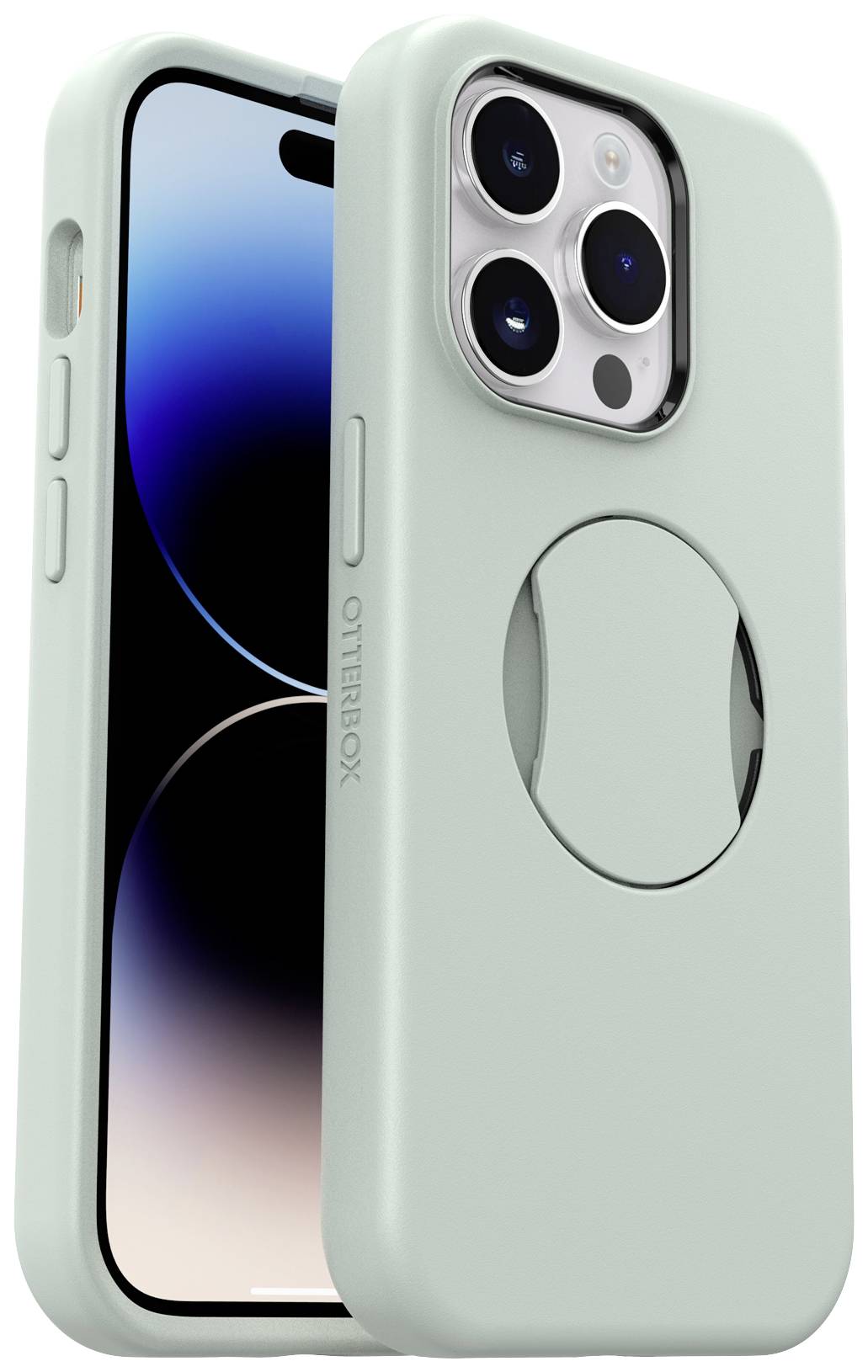 Smartfon w miętowozielonym etui Otterbox, tylną stroną skierowany kamerą, przednią stroną wyświetlacz z niebieską grafiką w tle.