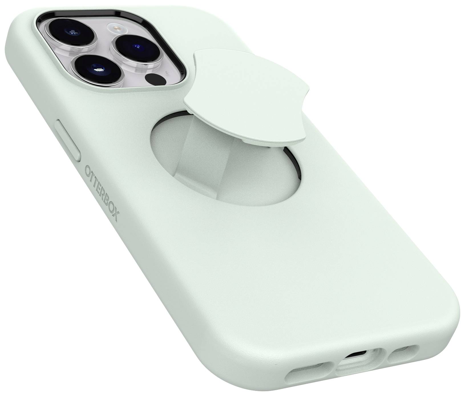 Smartfon z miętowozieloną obudową wyposażoną w zintegrowany system podstawki.