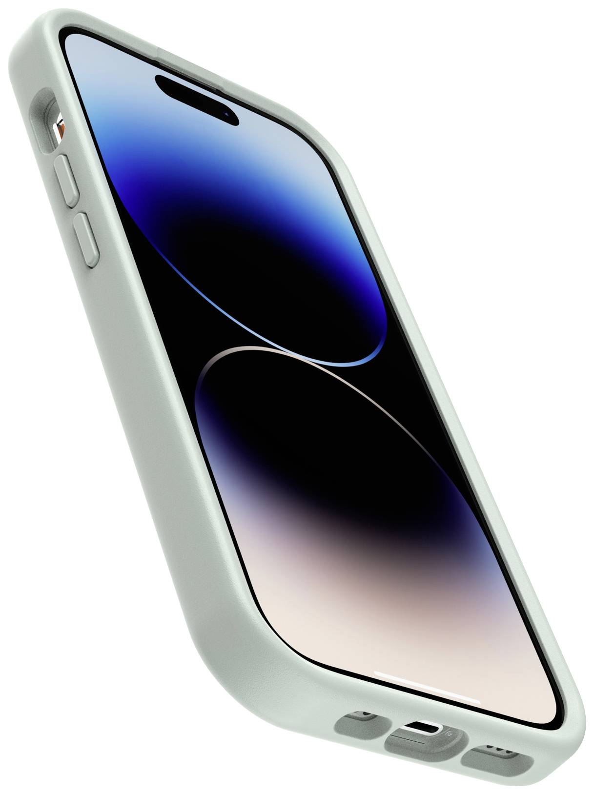 Smartfon z niebieskim ekranem i białą obudową jest lekko pochylony na bok.