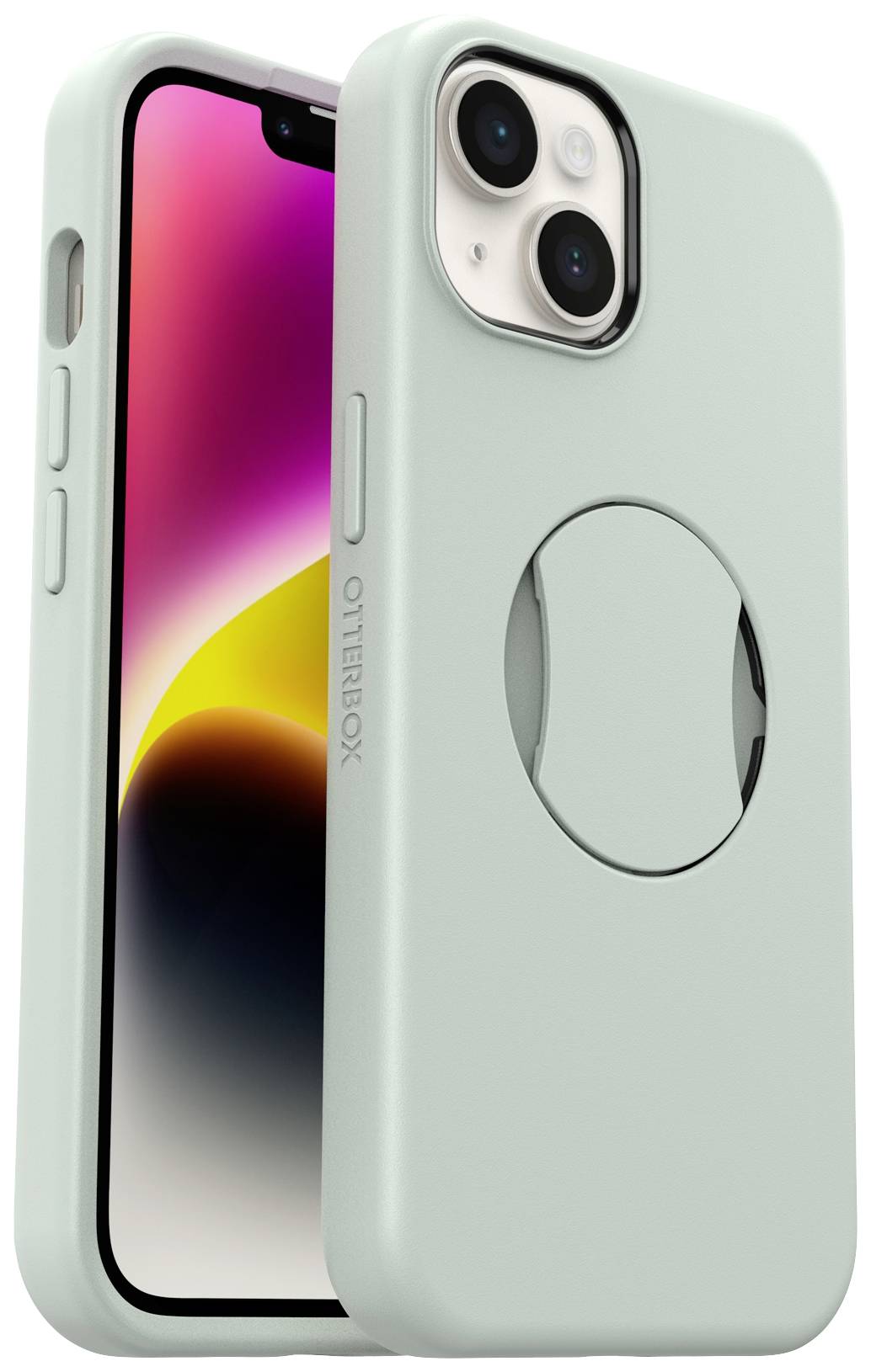 Smartfon w jasnobłękitnym etui; ekran wyświetla projekt gradientu w kolorach różowo-żółtych. Etui posiada okrągłe wycięcie z tyłu.