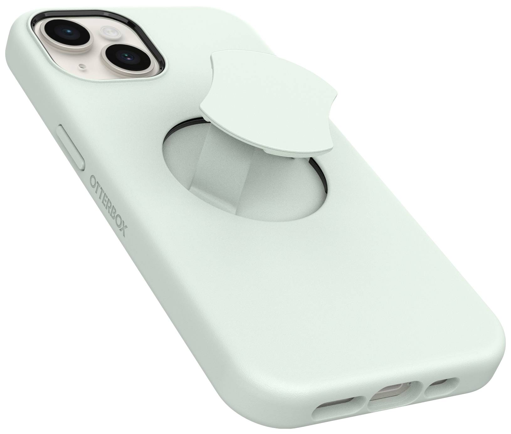 Miętowozielone etui na smartfona firmy Otterbox z zintegrowanym okrągłym uchwytem, wycięciem na aparat i otworami na głośniki.