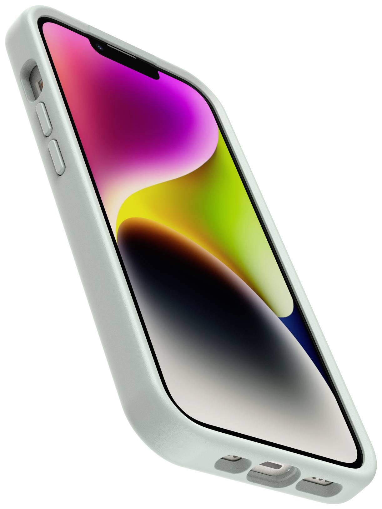 Smartfon z kolorowym wyświetlaczem i białą ramką, widziany z boku, prezentujący zaokrąglone krawędzie i przyciski po lewej stronie.