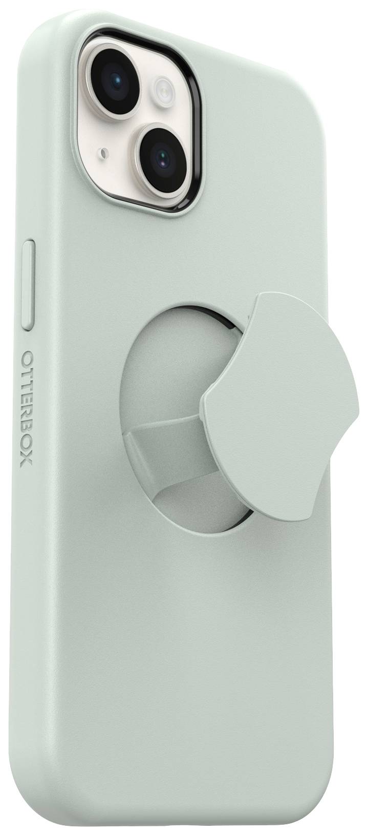 Miętowozielone etui na telefon z okrągłym, obrotowym uchwytem na tylnej stronie.