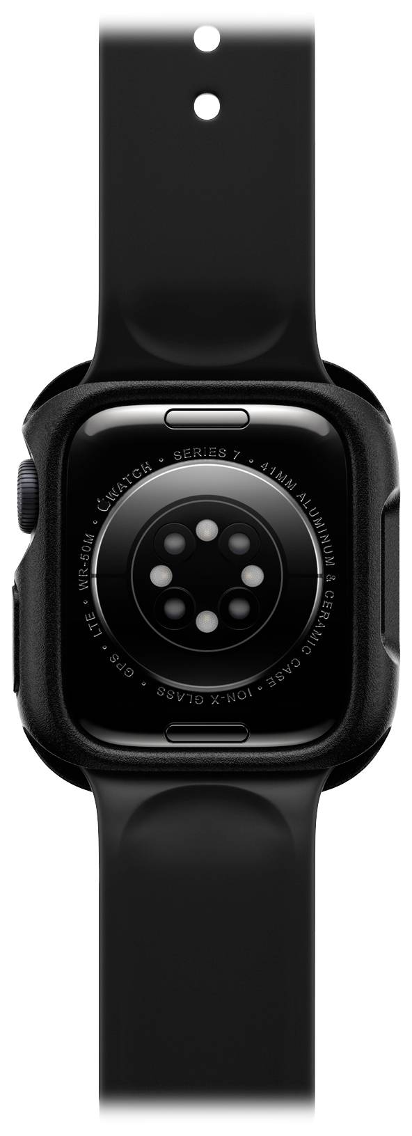 Czarny smartwatch z okrągłym układem czujników od spodu. Posiada proste, nowoczesne wzornictwo i jest wyposażony w pasek.