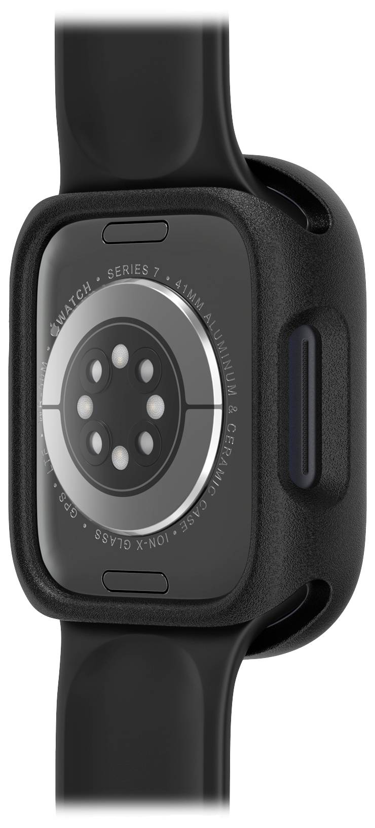 Zdjęcie przedstawia tylną stronę czarnego smartwatcha z okrągłymi czujnikami. Pasek do zegarka również jest czarny.