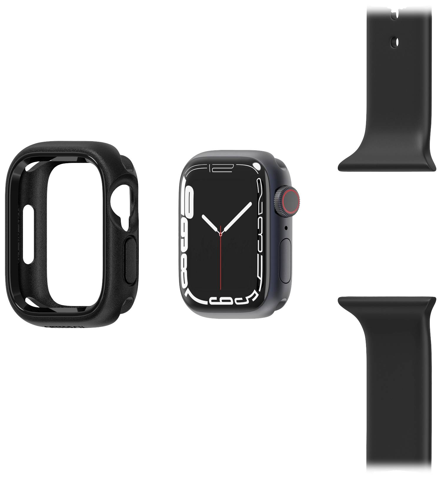 Czarna obudowa smartwatcha i pasek w częściach. Tarcza z białymi oznaczeniami i czerwonymi wskazówkami widoczna.