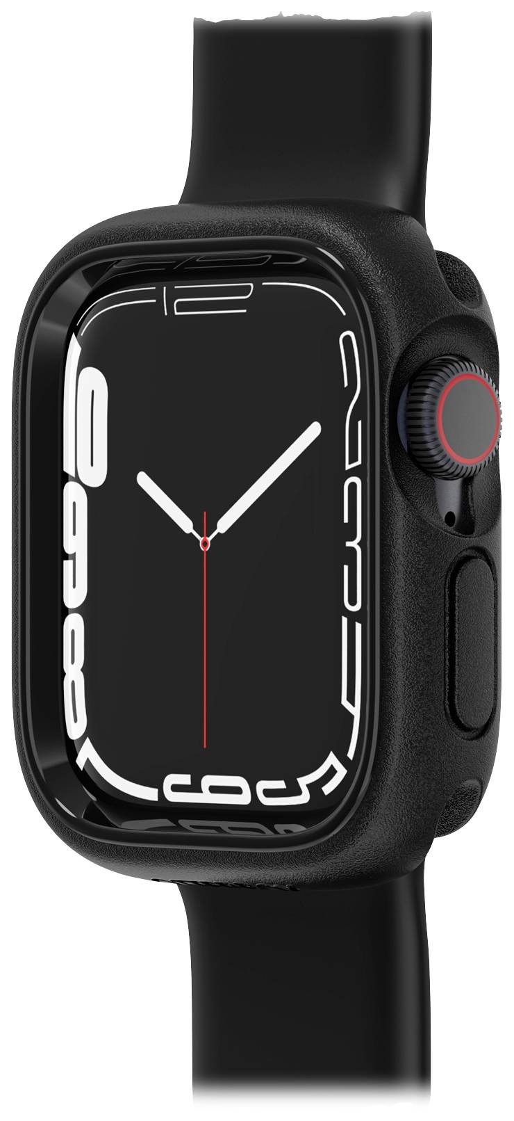 Czarny smartwatch z cyfrowym wyświetlaczem czasu i daty. Czerwony akcent na przycisku funkcyjnym po prawej stronie zegarka.