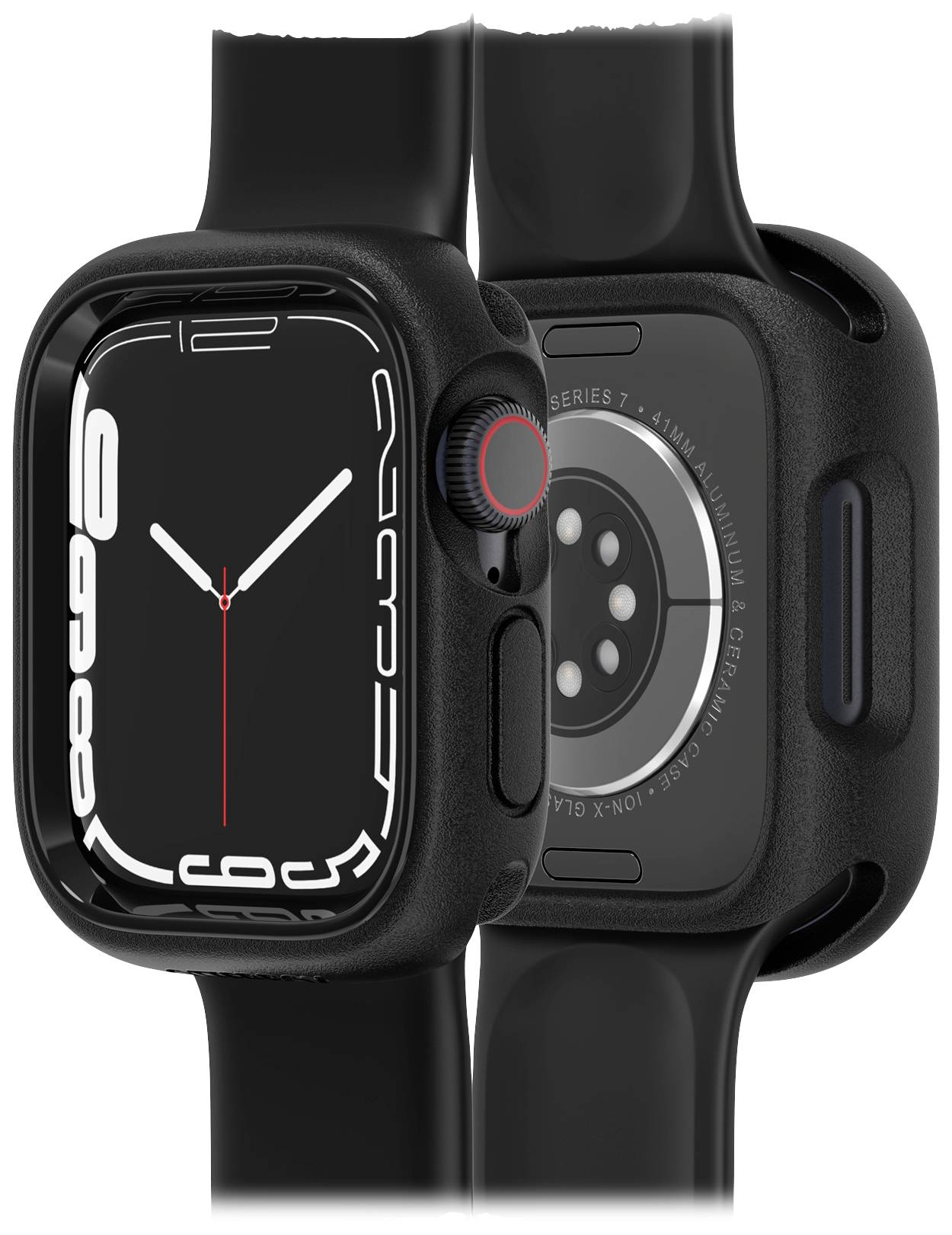 Smartwatch z czarnym paskiem i dużym wyświetlaczem wskazuje aktualną godzinę. Na tylnej stronie widoczny jest sensor do monitorowania zdrowia.