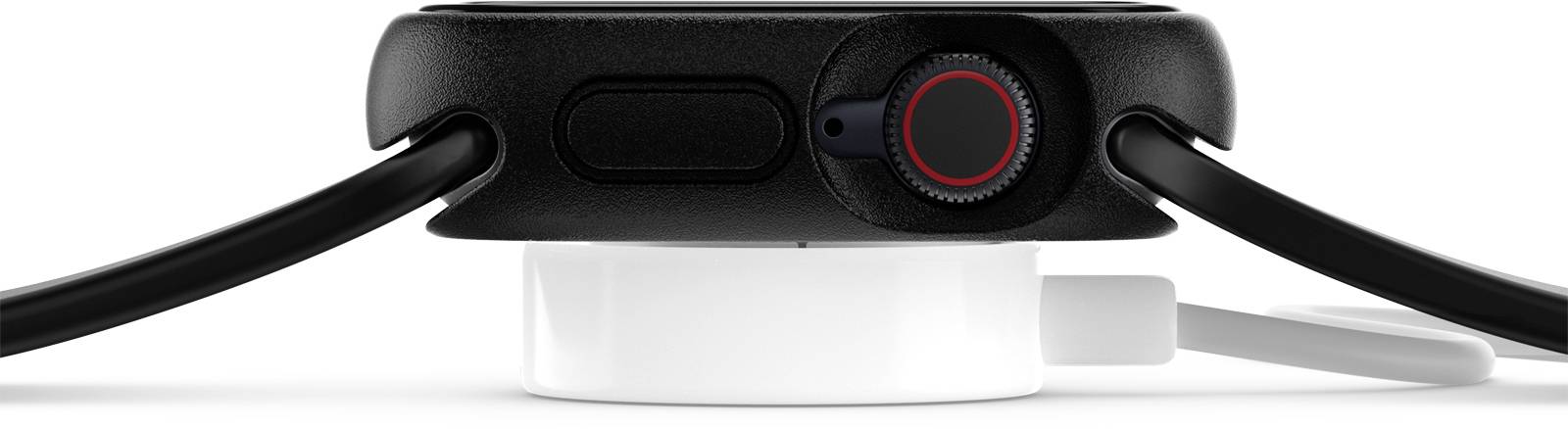 Czarny smartwatch leży na boku na białej stacji ładującej, podłączony przewodem ładującym.