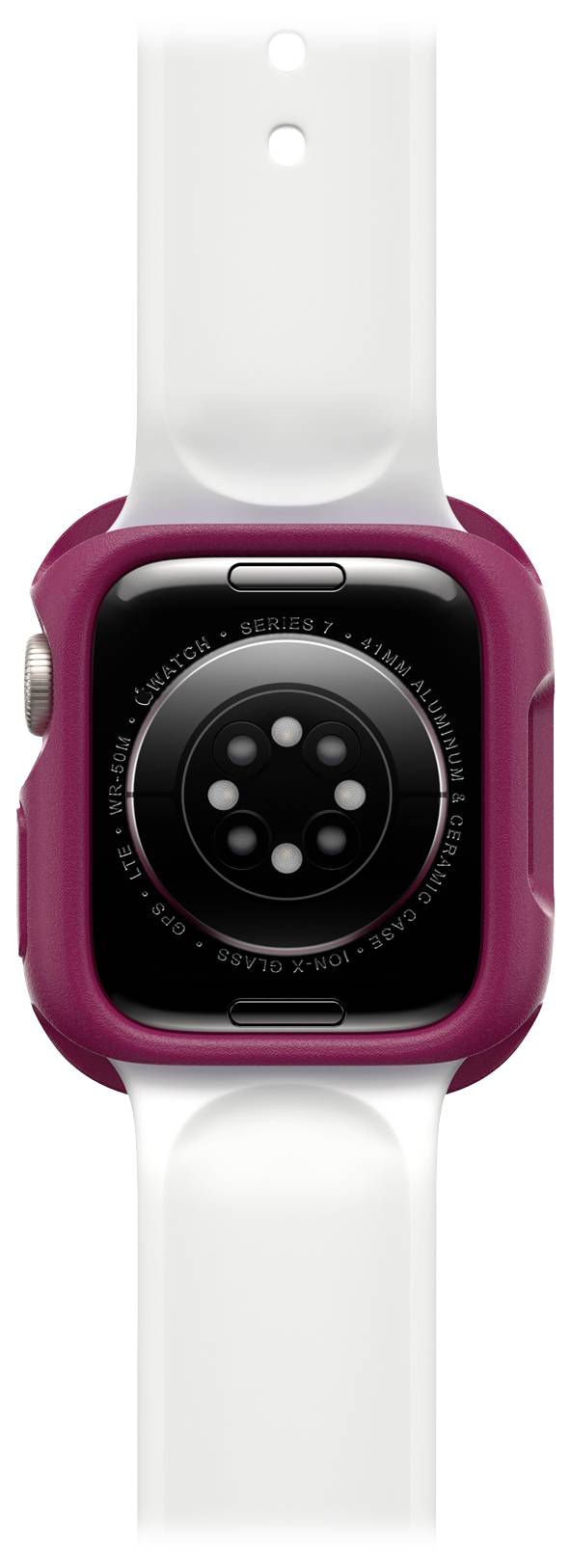 Tylna część smartwatcha z czujnikami i obudową ze stali nierdzewnej, otoczona białą opaską.