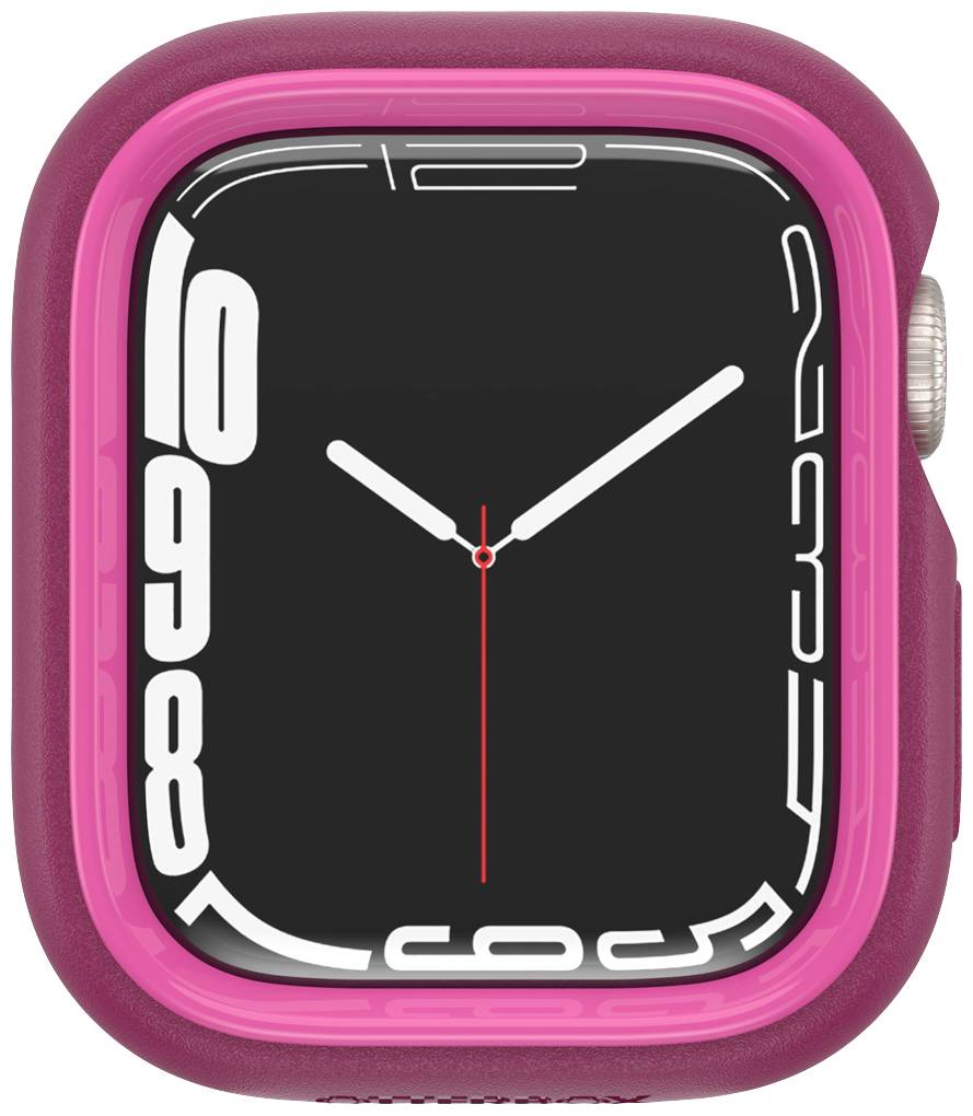 Smartwatch z różową ramką, czarną tarczą i białymi, zakrzywionymi cyframi ozdabiającymi brzeg. Godzina wskazuje 10:10.