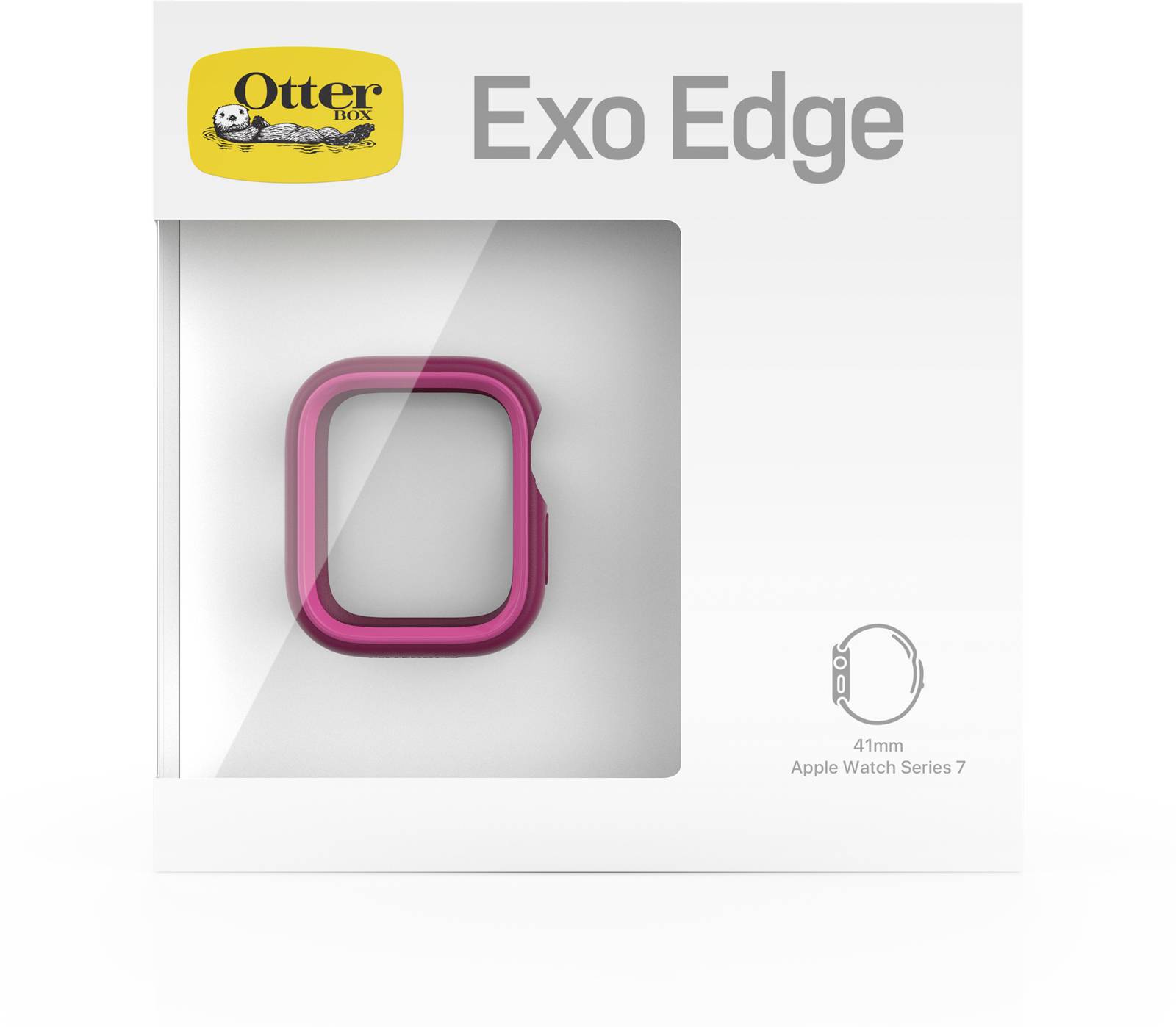 Opakowanie etui OtterBox 'Exo Edge' do Apple Watch Series 7, 41 mm, w kolorze różowym, widoczne przez przezroczyste okienko.