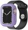 Smartwatch z fioletową obudową i czarnym paskiem, z dużym ekranem wyświetlającym cyfrowy zegar.