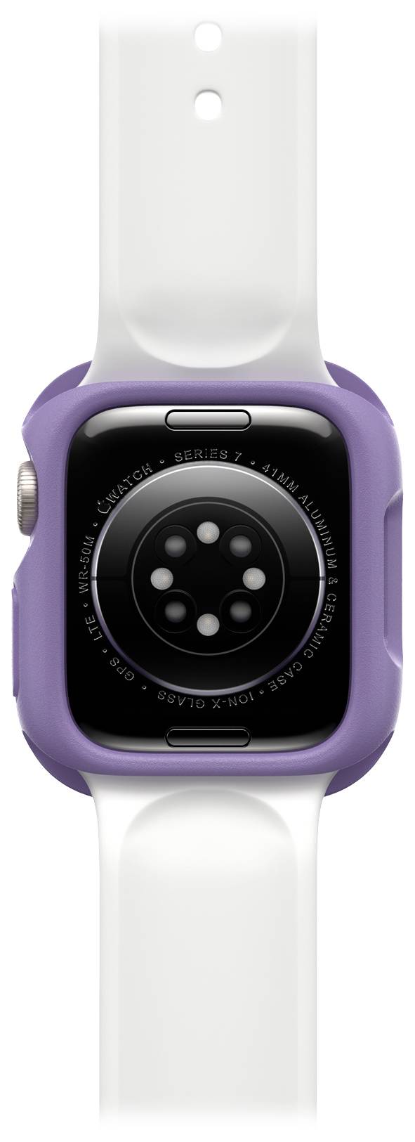 Tylna strona smartwatcha w fioletowej obudowie z białym paskiem, prezentująca czujniki do pomiaru danych zdrowotnych oraz złącze ładowania.