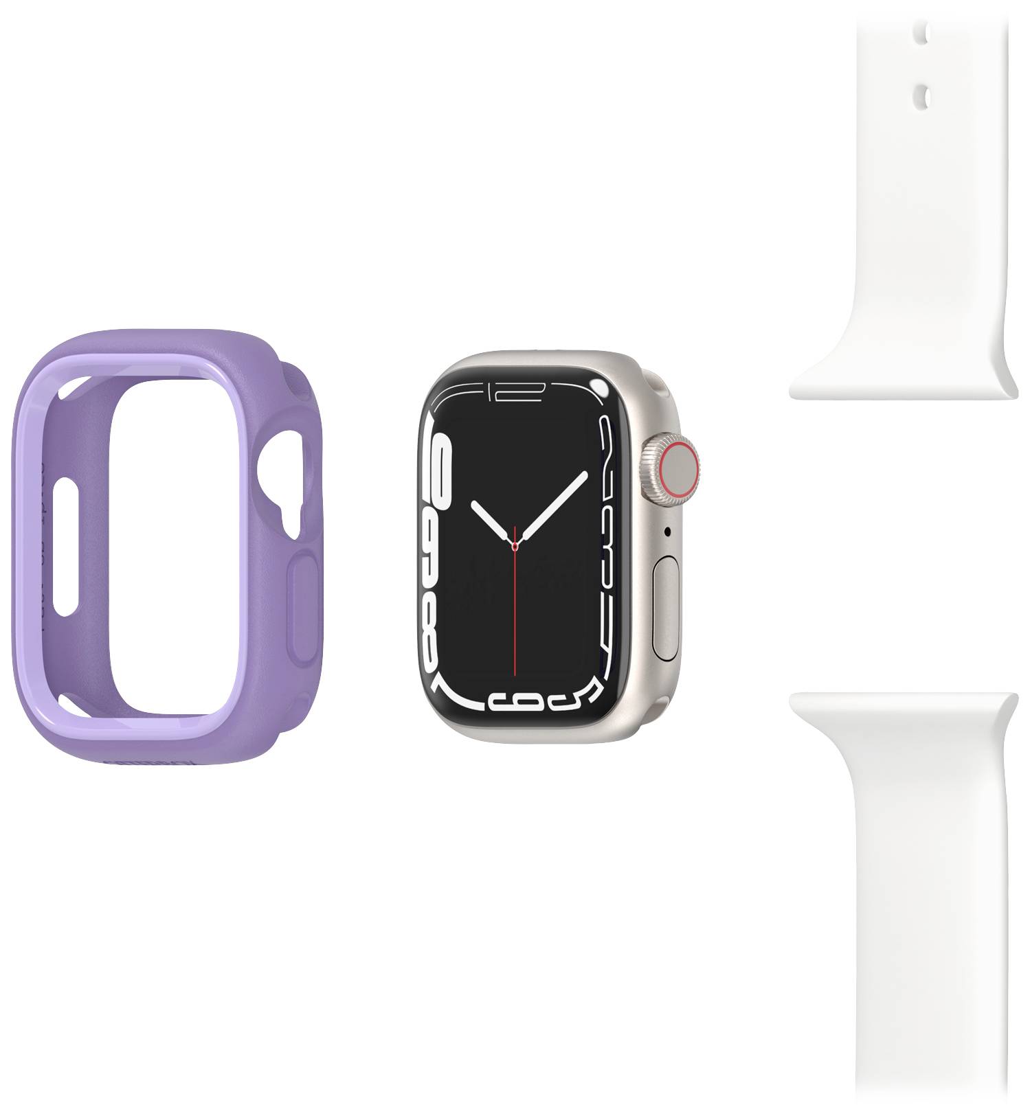 Na ilustracji przedstawiono obudowę smartwatcha w kolorze fioletowym, srebrny smartwatch z czarną tarczą oraz białe paski.