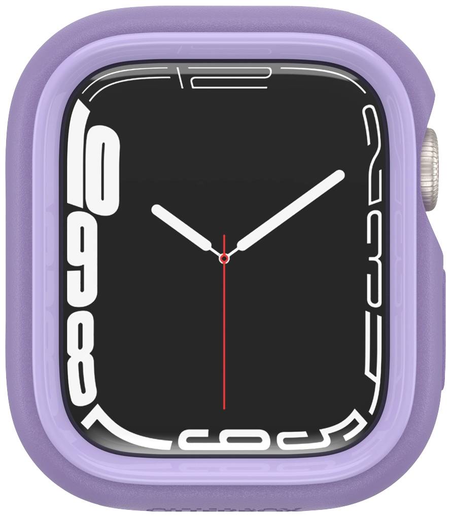 Smartwatch z fioletową obudową, czarną tarczą, białymi cyframi oraz czerwonymi i białymi wskazówkami, które pokazują godzinę.