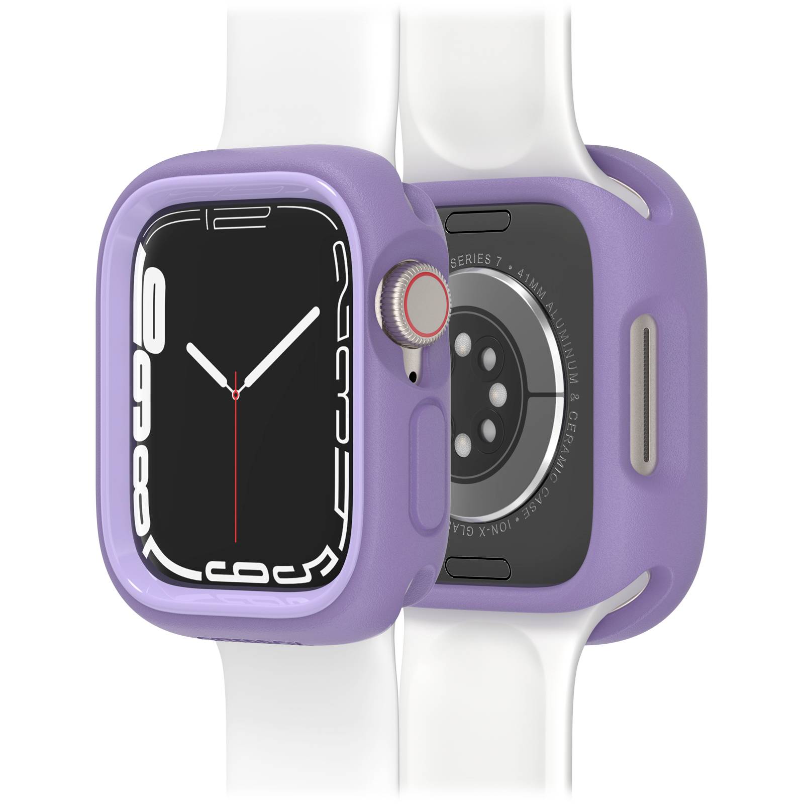 Inteligentny zegarek Lila z prostokątną tarczą, białymi wskazówkami i białym paskiem, widok z boku i z tyłu.