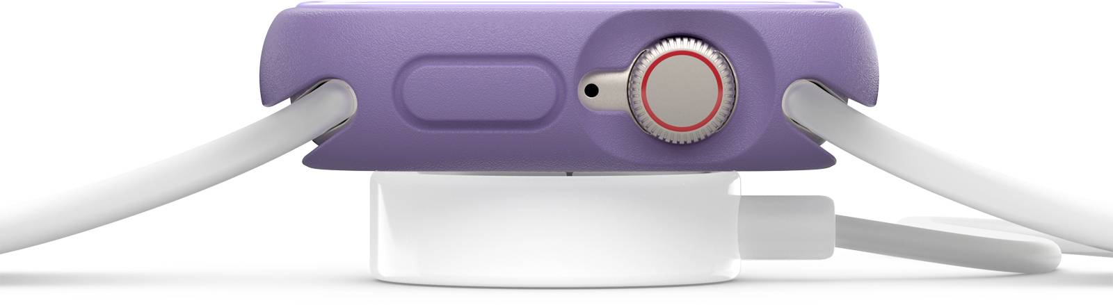 Fioletowy smartwatch na białej stacji ładującej, widziany z boku. Dwa kable są podłączone do zegarka.