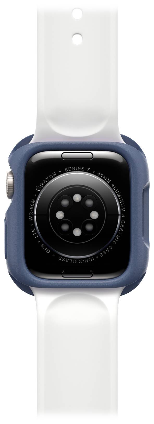 Smartwatch z białym paskiem i ciemnoniebieską obudową, widok od tyłu. Numer seryjny i czujniki na tylnej stronie.