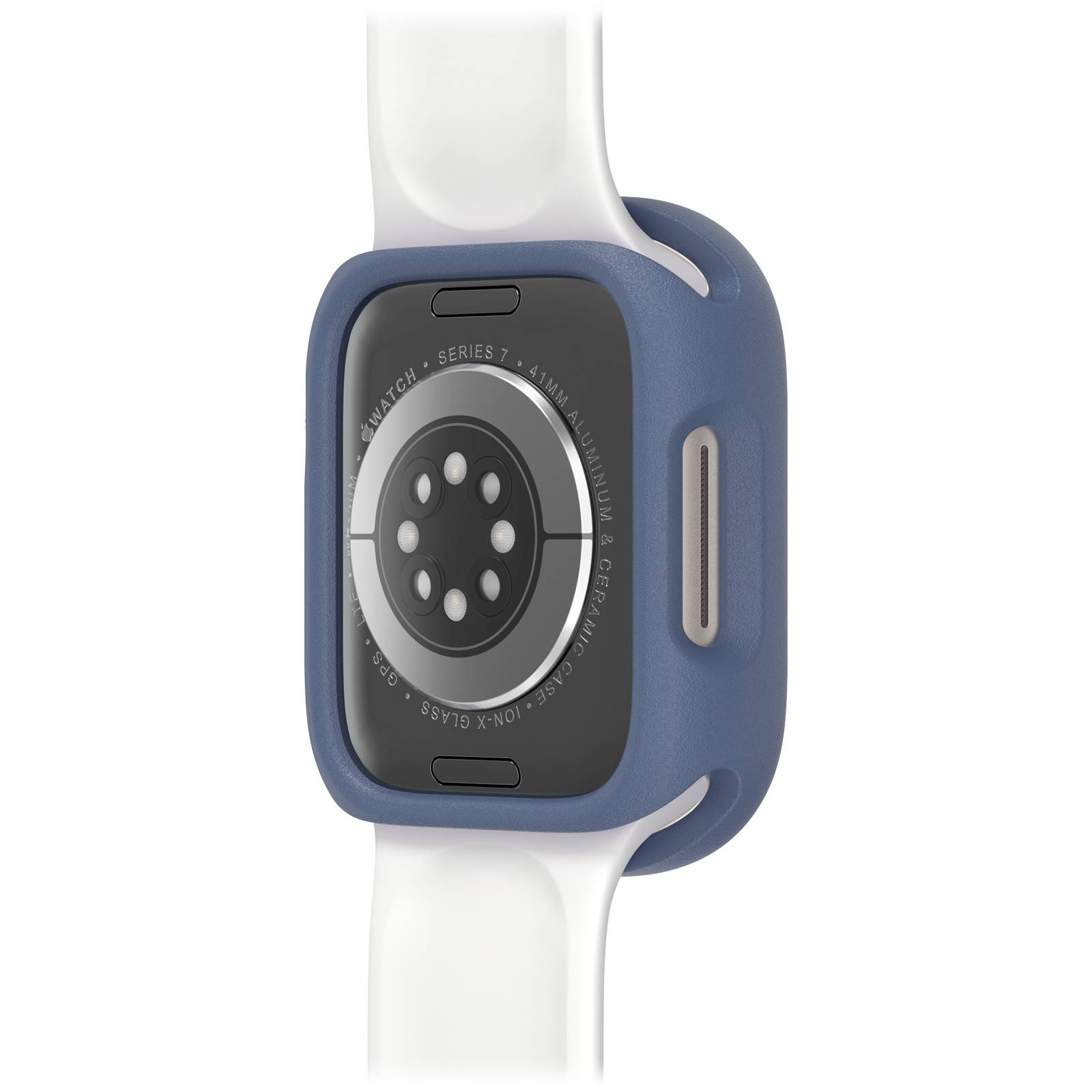 Smartwatch w niebieskiej obudowie z białym paskiem, widoczny tył oraz czujniki.