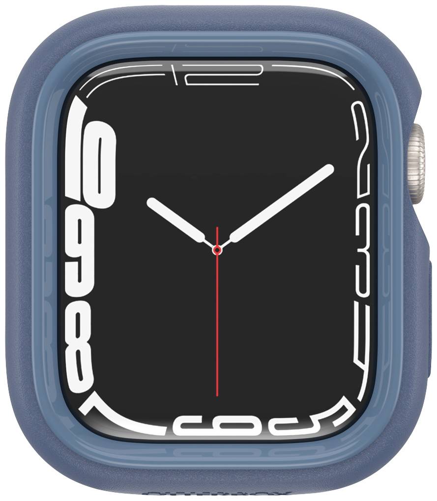 Smartwatch z niebieską obudową i czarną tarczą wyświetla czas analogowy za pomocą dużych białych cyfr i czerwonej wskazówki sekundowej.