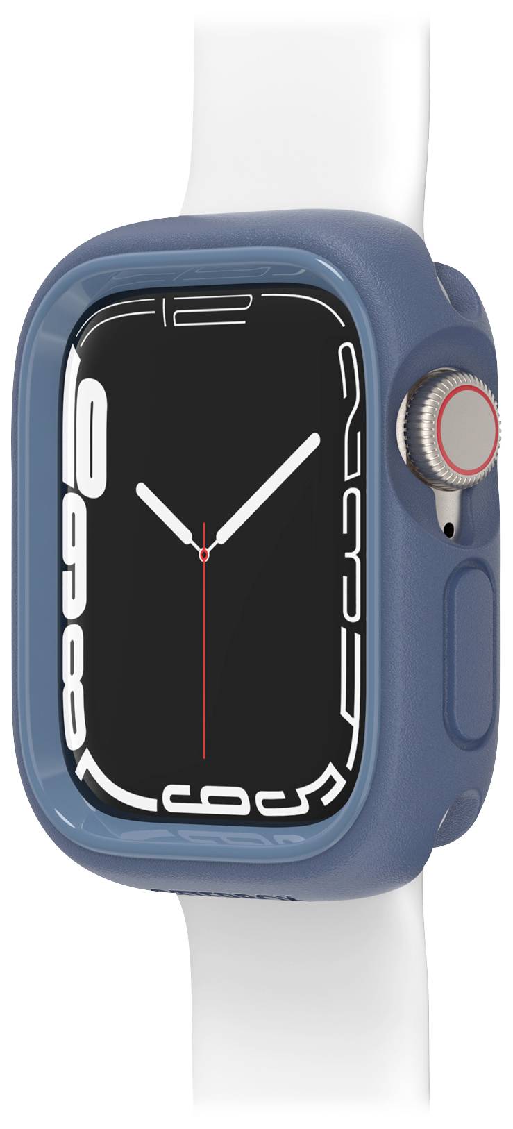 Smartwatch z białym paskiem i niebieską obudową wyświetla aktualny czas.