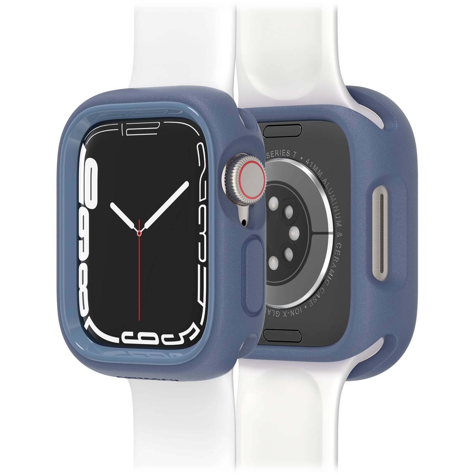 Smartwatch z niebieską obudową i białym paskiem; tarcza wyświetla godzinę 10:10; widoczny tył zegarka z czujnikami.