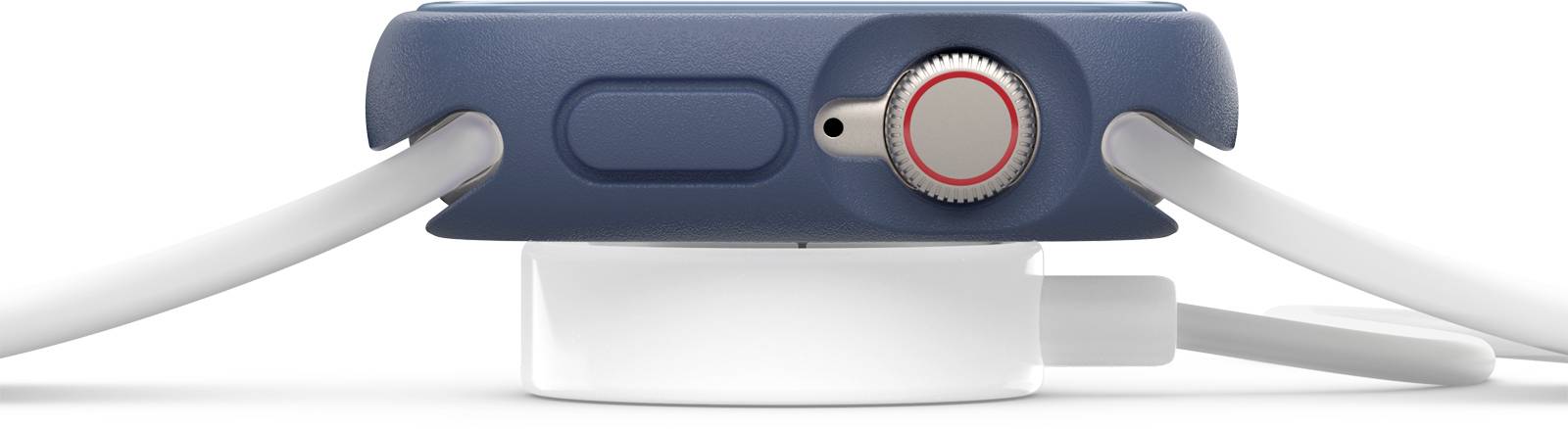 Zdjęcie niebieskiego smartwatcha na białej ładowarce, ujęte z boku. Przycisk ma czerwoną obwódkę. Widoczne są dwa kable.