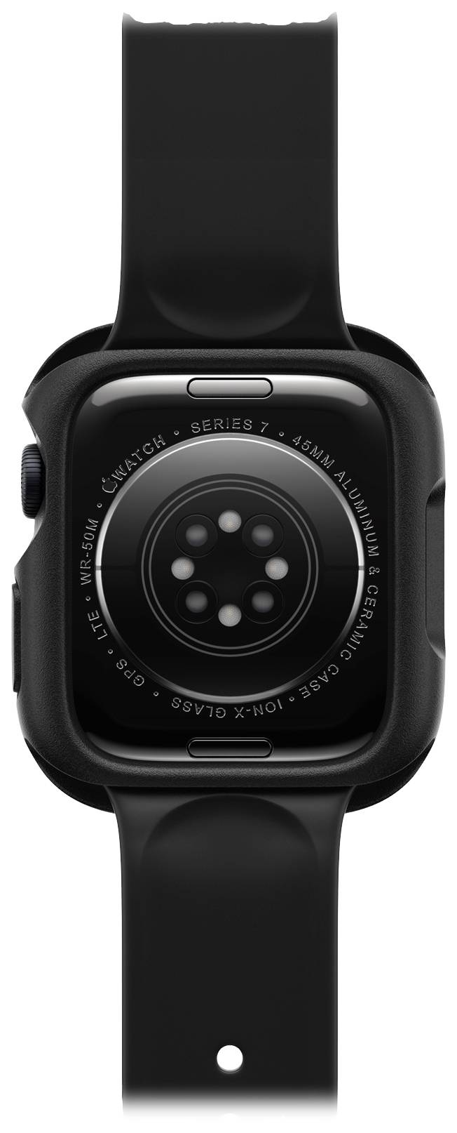 Czarny smartwatch z okrągłym sensorem i detalami na tylnej stronie. Tekst wokół sensora opisuje model zegarka i materiał.