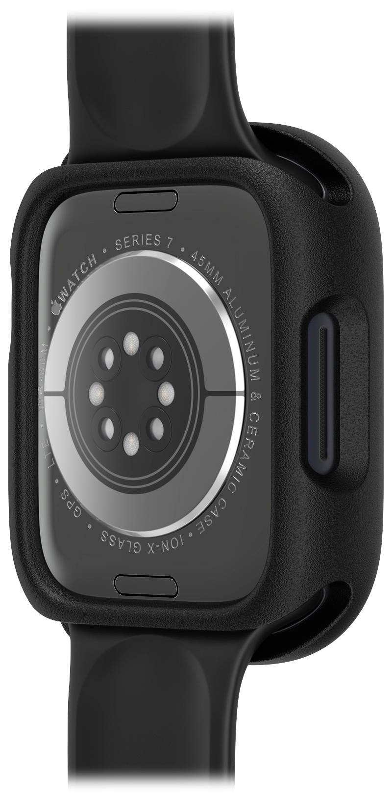 Tylna strona inteligentnego zegarka z czarnym paskiem, przedstawiająca czujniki oraz napis 'Series 7, 45mm obudowa aluminiowo-ceramiczna'.
