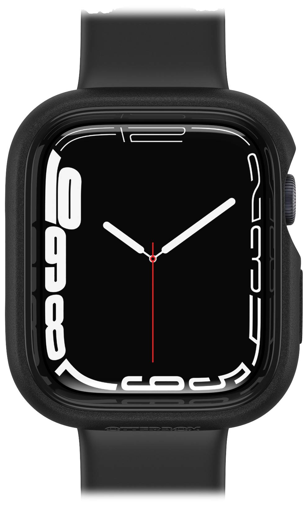 Czarny smartwatch z prostokątnym wyświetlaczem, pokazujący analogowy czas za pomocą białych wskazówek i cyfr na czarnej tarczy zegarka.